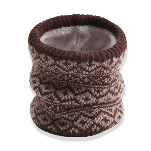 Winter knit neck warmer with brown diamond pattern and cozy gray fleece lining for warmth