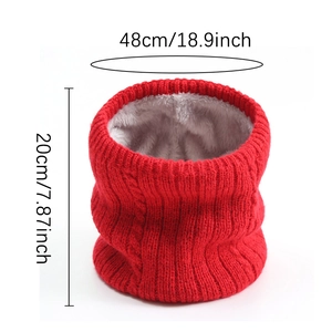 Detail of red cable knit neck warmer showing dimensions and warm fleece lining texture
