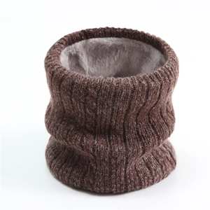 Detail of chunky knit brown neck warmer with soft thickened grey plush fleece lining