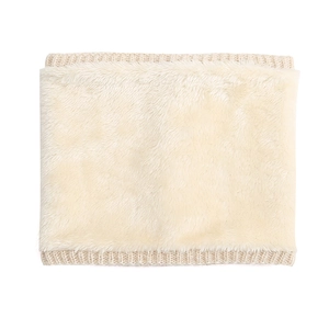 Detail of winter fleece-lined knit neck warmer in beige with soft plush texture
