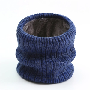 Detail of navy knit neck warmer showing vertical stripe texture and gray fleece lining