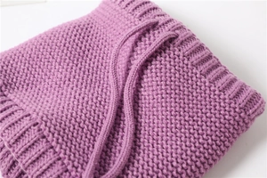 Close-up of purple chunky knit texture showing soft ribbed pattern and warm material