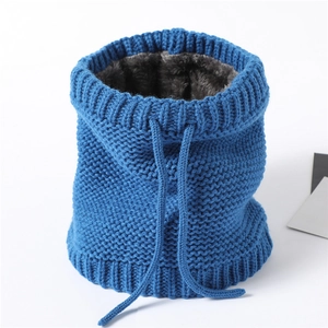 Detail of navy knit neck warmer with plush grey fleece lining and adjustable drawstring