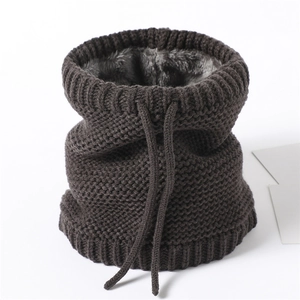 Detail of knitted winter snood scarf with warm fleece lining and adjustable drawstring