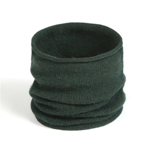 Detail of dark green knitted neck warmer showing vertical ribbed texture and soft fabric