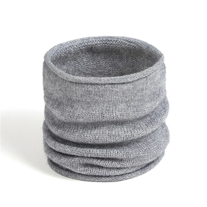 Close-up of gray knitted neck warmer showing fine texture and soft ribbed fabric