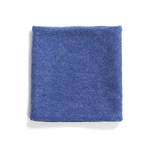 Detailed view of dark blue fine-knit neck warmer with soft texture on white background