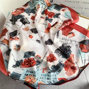 Carré de soie de 70 cm avec motifs de graffitis abstraits et bordure rouge éclatante