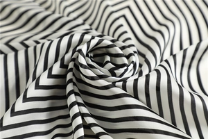 Détail du foulard en soie à rayures noires et blanches montrant le satiné et les plis