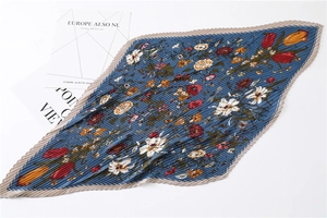 Detailed texture of pleated navy blue silk scarf with colorful tulip flower prints