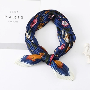 Pleated dark blue floral silk scarf for women with elegant micro-floral print design