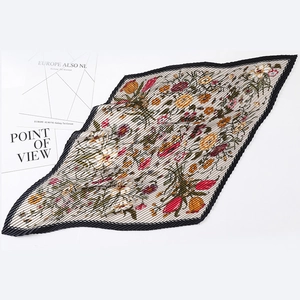 Pleated floral silk-like scarf with vintage flower print and refined black edges