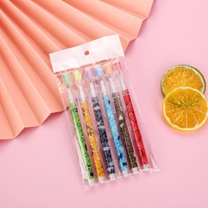 Set of 6 pixel-pattern multi-point stackable pencils with erasers on pink background
