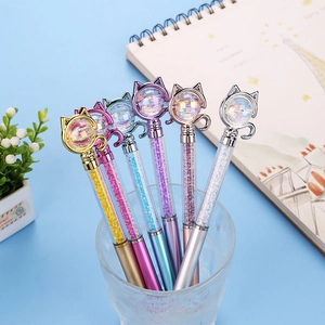 Cat Head Ballpoint Pen Crystal Diamond Transparent Barrel Rotating Writing Tool Cute Novelty Aesthetic Stationery School