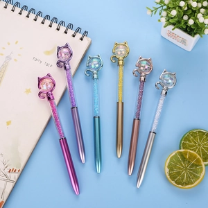 Detail of creative cat-themed pens with crystal filling and metallic feline ear tops
