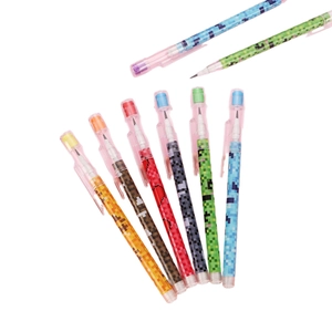 Colorful pixel style multi-point pencils with vibrant block patterns and clear caps
