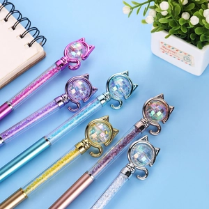 Set of 6 creative cat-shaped ballpoint pens with crystal diamond heads in assorted colors
