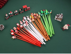 Detailed view of Christmas cartoon gel pens with Santa and snowman silicone toppers