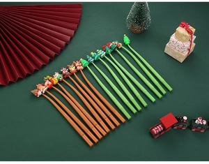 Detailed view of Christmas gel pens with silicone cartoon tops on a festive green backdrop