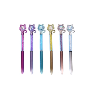 Set of six creative cartoon cat-ear ballpoint pens with glitter diamond crystals and metal barrels