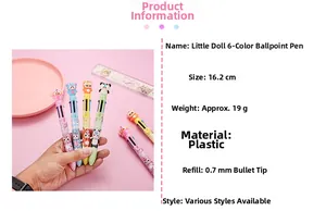 Stylo bille multicolore 0,7 mm avec jolies figurines cartoon et 6 couleurs d'encre