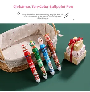 Close-up of Christmas 10-color ballpoint pens with Santa and reindeer cartoon toppers