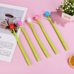 Creative tulip-shaped gel pens in five colors arranged on a decorative desk setting