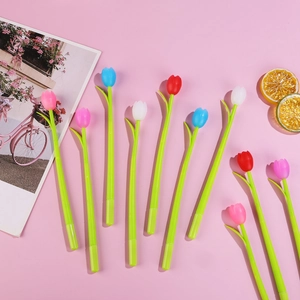 Colorful tulip-shaped gel pens with green stem design on a soft pink background