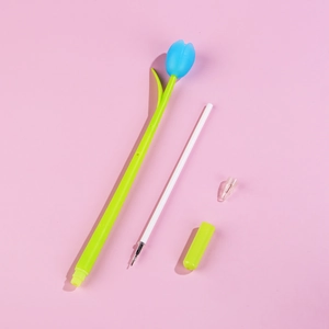 Disassembled parts of tulip gel pen including green stem body, blue flower and refill