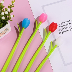Set of four colorful tulip-shaped gel pens in blue, pink, red and white floral designs