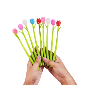 Realistic tulip pens in assorted colors with green stems for school and office use
