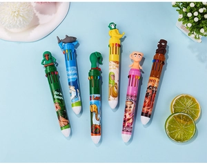 Détail de stylos à 10 couleurs avec figurines de dessins animés et corps illustré coloré