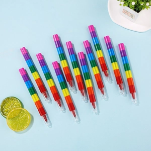 Macro view of 12 stackable colored crayons with multi-segment building block design