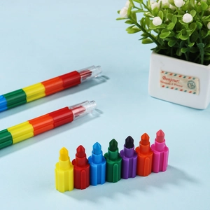 Close-up of stackable building block crayons in multiple vibrant colors for drawing