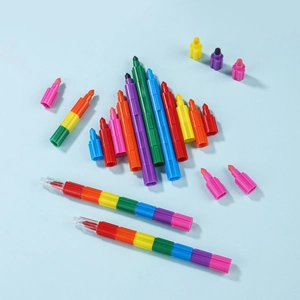 Macro view of stackable building block crayons in multi-color vibrant rainbow sets