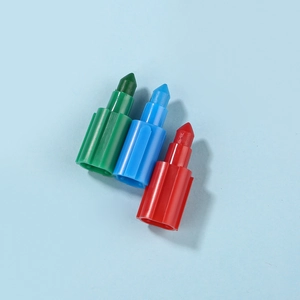 Macro detail of colorful stackable crayon tips with anti-slip vertical texture