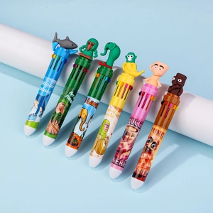 Lot de 6 stylos à bille multicolores avec figurines d'animaux en 3D sur le dessus