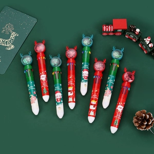 Christmas 10-color shuttle pen with glitter reindeer toppers and cartoon snowman patterns