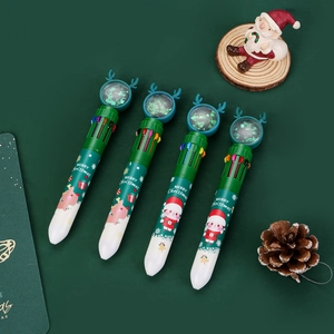 Close-up of 10-color Christmas ballpoint pens with reindeer horns and sequins