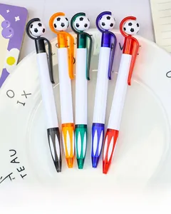 Close-up of five creative soccer ball click pens with colorful anti-slip grips on a white plate
