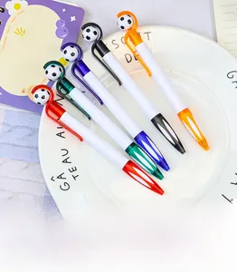 Detail of 5 soccer themed retractable ballpoint pens with quick drying ink in various colors