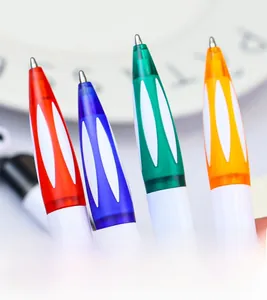 Close-up of four colorful retractable ballpoint pens with ergonomic soft rubber grips