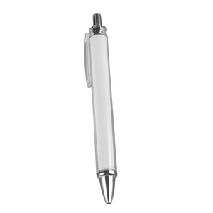 Minimalist white retractable ballpoint pen with silver metal accents on white background