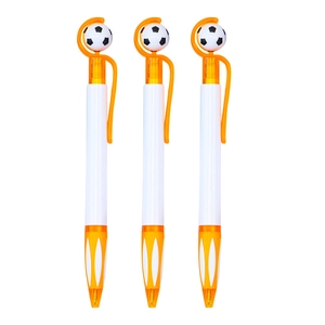 Three creative football-themed ballpoint pens with white and orange barrels in a row