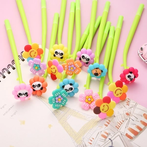 Floral gel pen set with colorful flower toppers and green barrels for school supplies