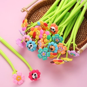 Close-up of colorful floral and panda silicone gel pens in a brown woven basket