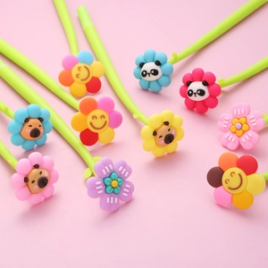 Cute Flower Cartoon Gel Pen Silicone Green Stem Panda Smiley Shaker Black Signing Stationery Gift For Students Girls