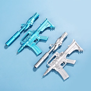 Creative assault rifle shaped gel pens in metallic blue and silver colors for students