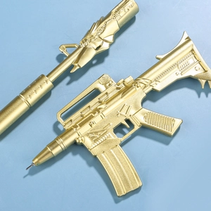 Detail of creative gold rifle-shaped gel pens showing the gun body and writing tip