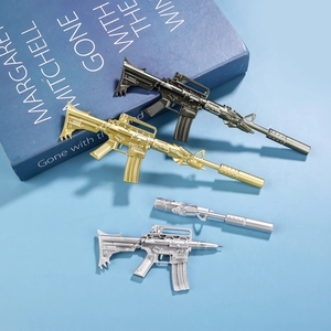 Detail showing detachable silver rifle pen with metallic finish and internal nib